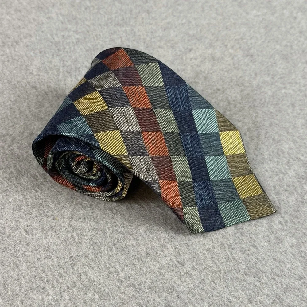 Rainbow Kyoto Japan 100% Silk Geometric Mosaic Checker Tie 55x3.5